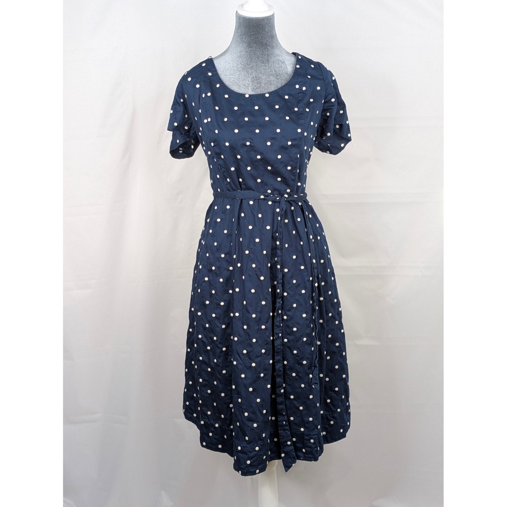 Lands End 16W Blue Polka Dot Dress Cotton Belted Pockets Plus Size Midi
